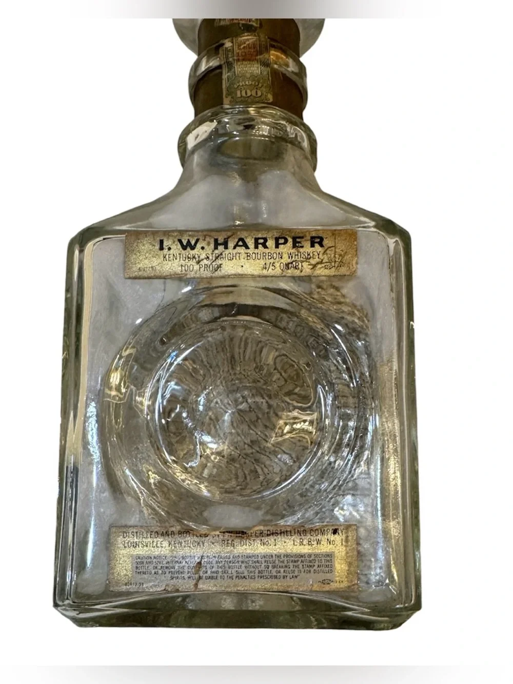 Vintage I.W. Harper Clear Glass Decanter with Gold Accent Label